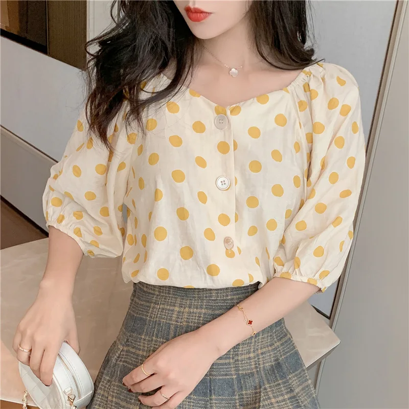 Dot Print Womens Tops En Blouses Zomer Geel Groen Blusas Casual Losse Shirt Bohemen 2020 Chemisier Femme Knop Blouse Mujer