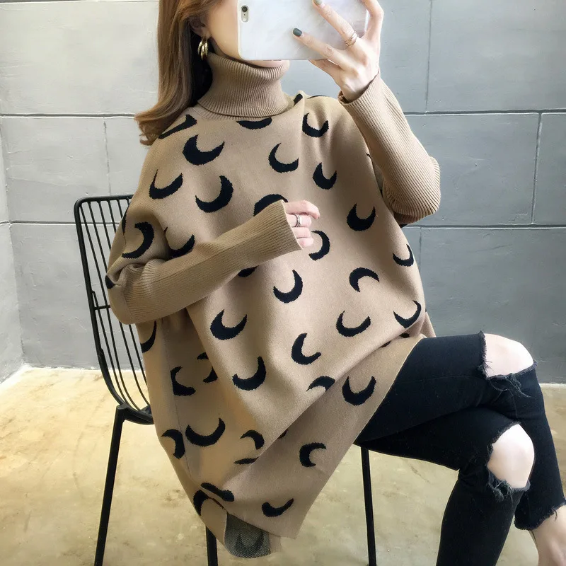 Moon Pattern Colorblock Sweater Femal Bat Sleeve High Collar Loose Large Size Side Slit Mid-length Pullover Jumpers Women Spring