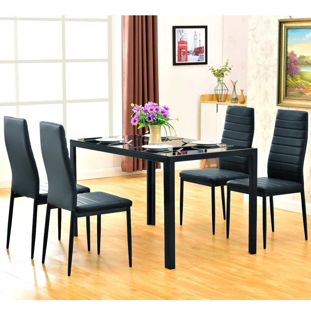 Dining Table Set Simple Assembled Tempered Glass & Iron Dinner Table + 4pcs Elegant Assembled Stripping Texture High Backrest