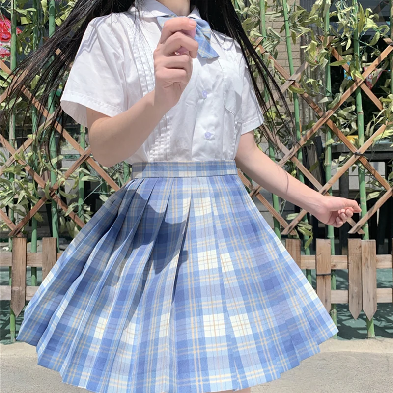 Japanischen College Wind JK Uniformen Kurzarm Studenten Weißes Hemd Hohe Taille Plaid Plissee Rock Stück Weibliche Sommer