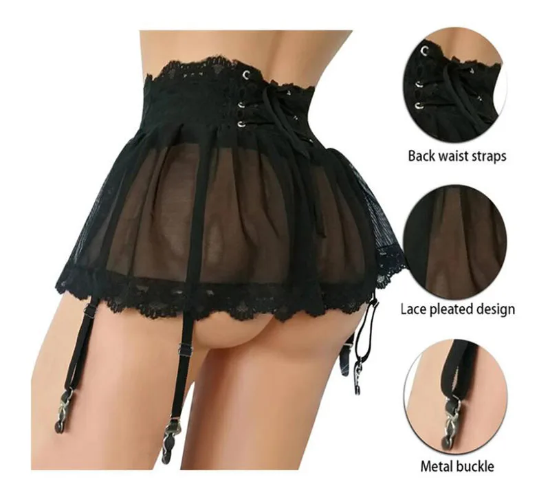 Sexy Hot Jarretels Lingerie Plus Size Garter Black Women Stocking Suspenders Garter Adjustable Belt Lace Mesh Skirt Sexy Tanga