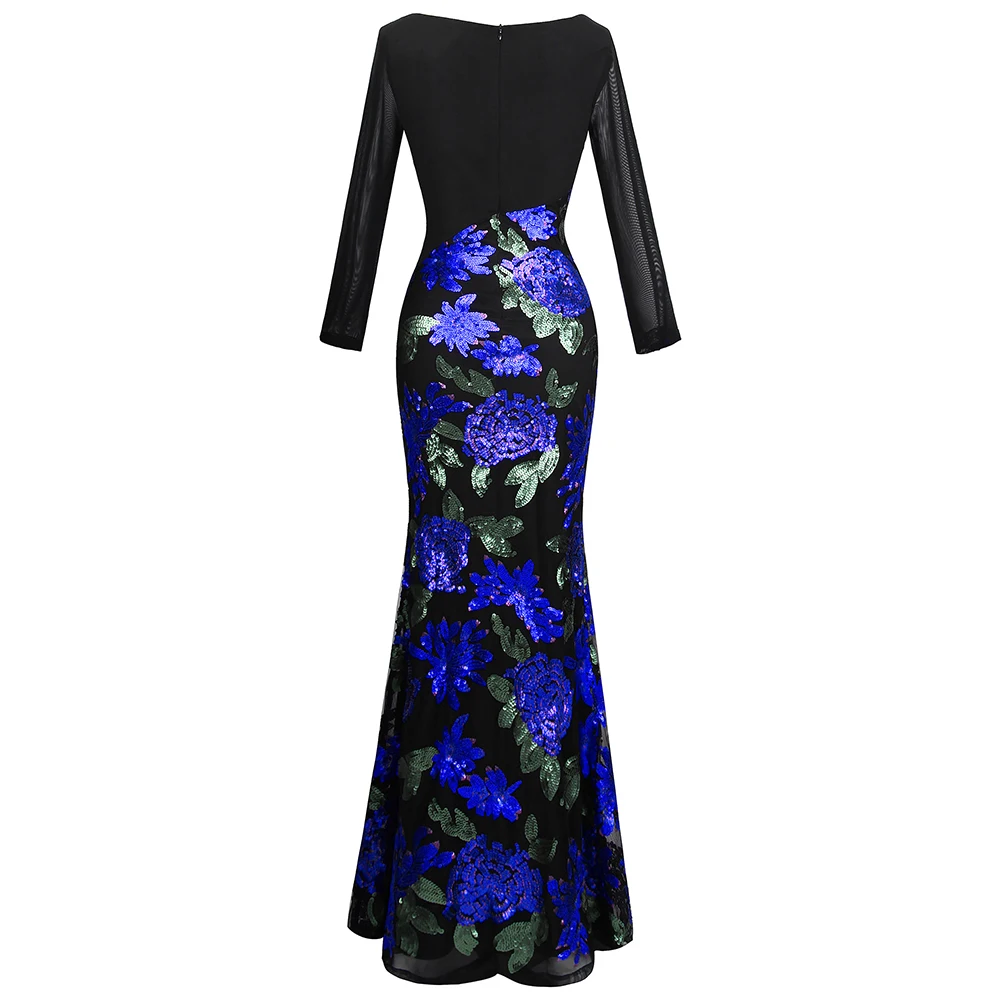 Angel-fashions femmes manches longues motif fleur bleue Sequin perles robe de soirée 396