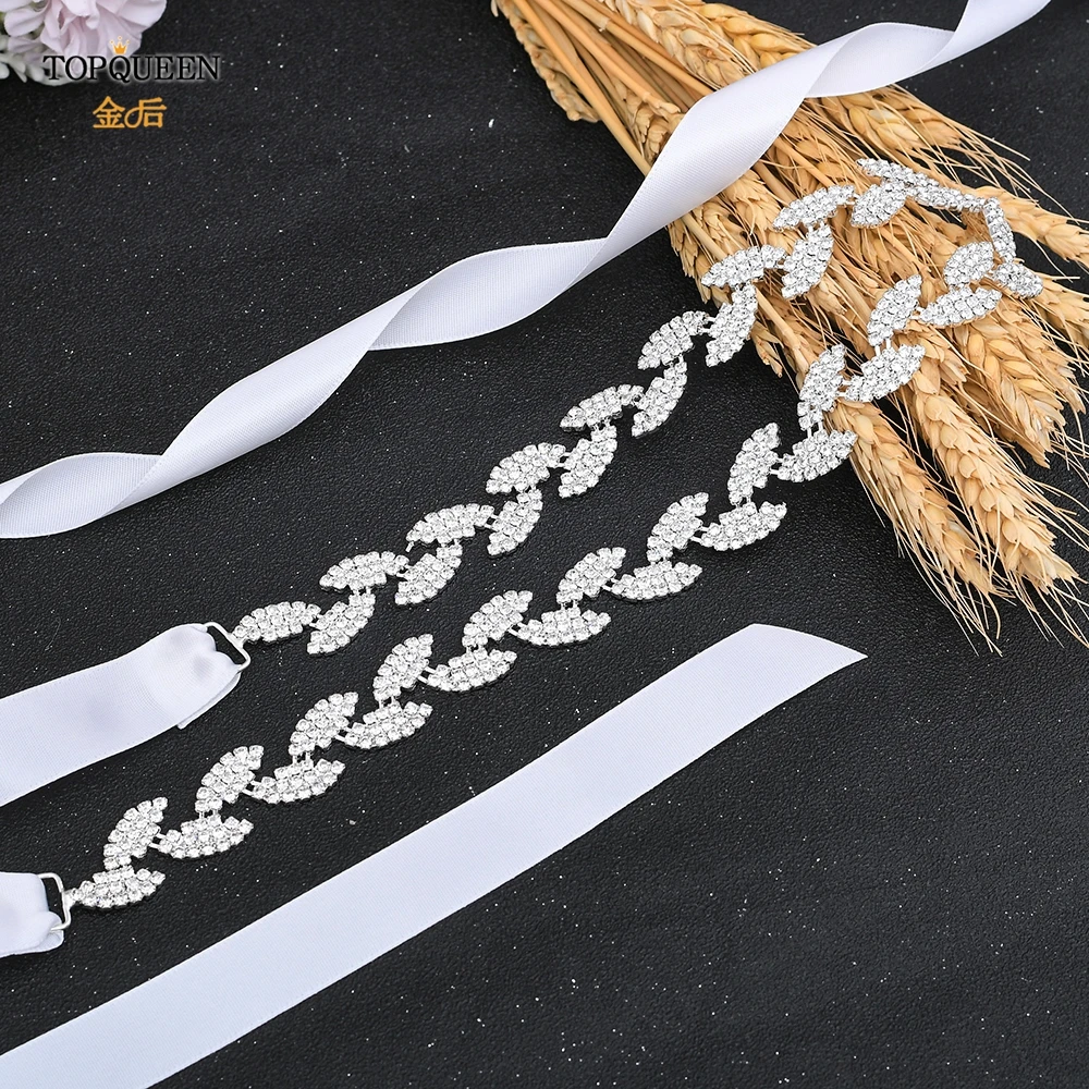 Topqueen Luxe Wedding Sash Bridal Riemen Shiny Riem Formele Zilveren Accessoires Riem Womens Riem Satijn Lichtmetalen Leaf Riem S198