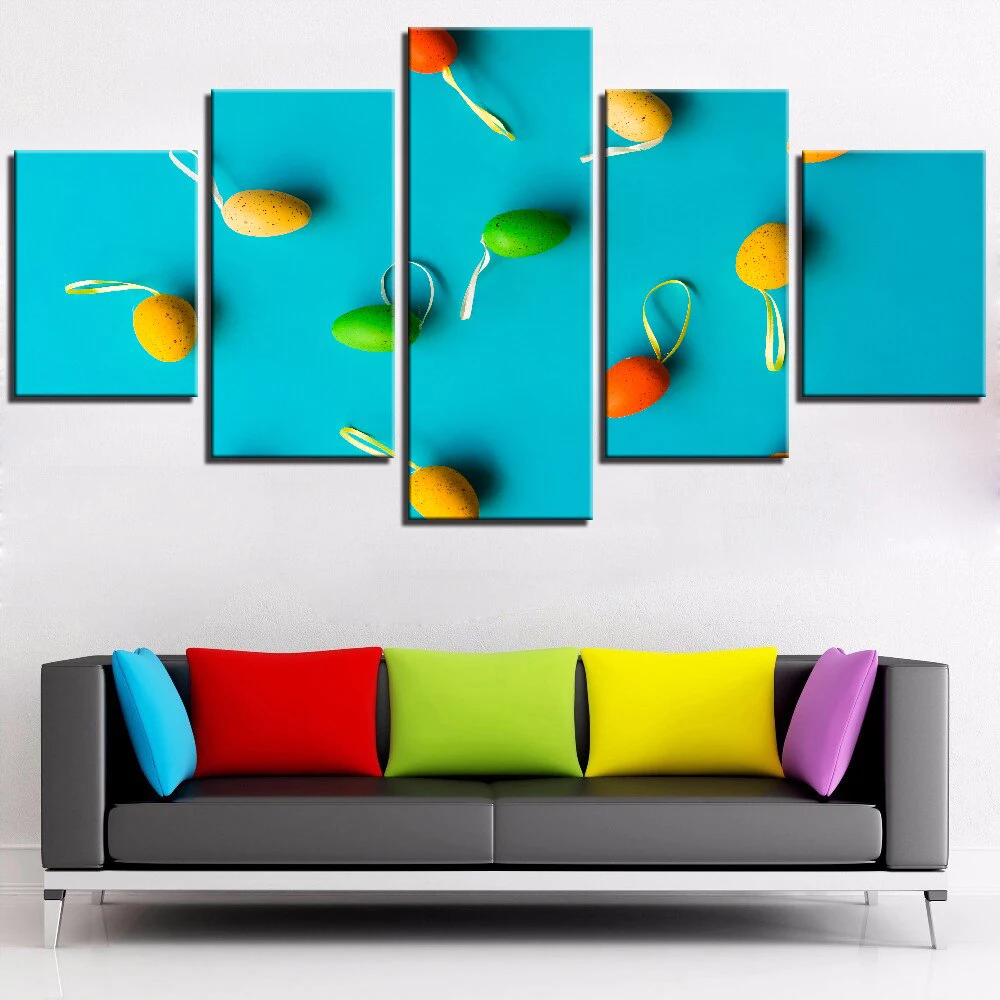 

5 Pieces Wall Art Canvas Painting Colorful Easter Eggs Blue Poster Home Decoration Modern Living Room Bedroom Modular Framework