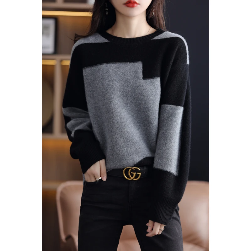 Autumn And Winter New 100% Pure Wool Women\'s Round Neck Pullover Top Loose Fashion Warm And Comfortable Knitted Elegant Sweater