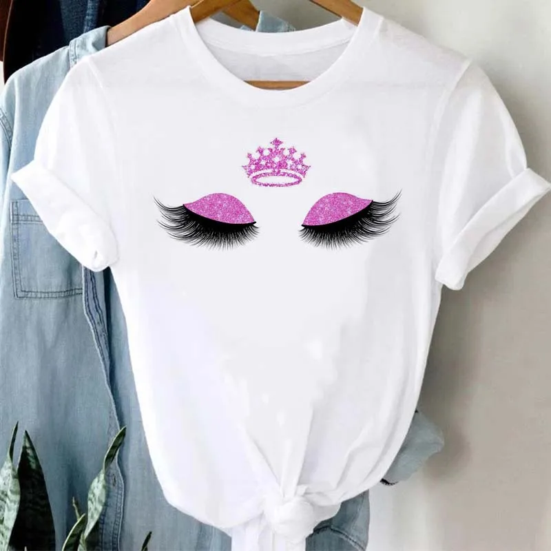 Maycaur kobiety nadruk rzęs oczy T Shirt śliczne modne krótkie rękawy ubrania graficzny Tshirt Top Lady Print trójnik żeński T Shirt