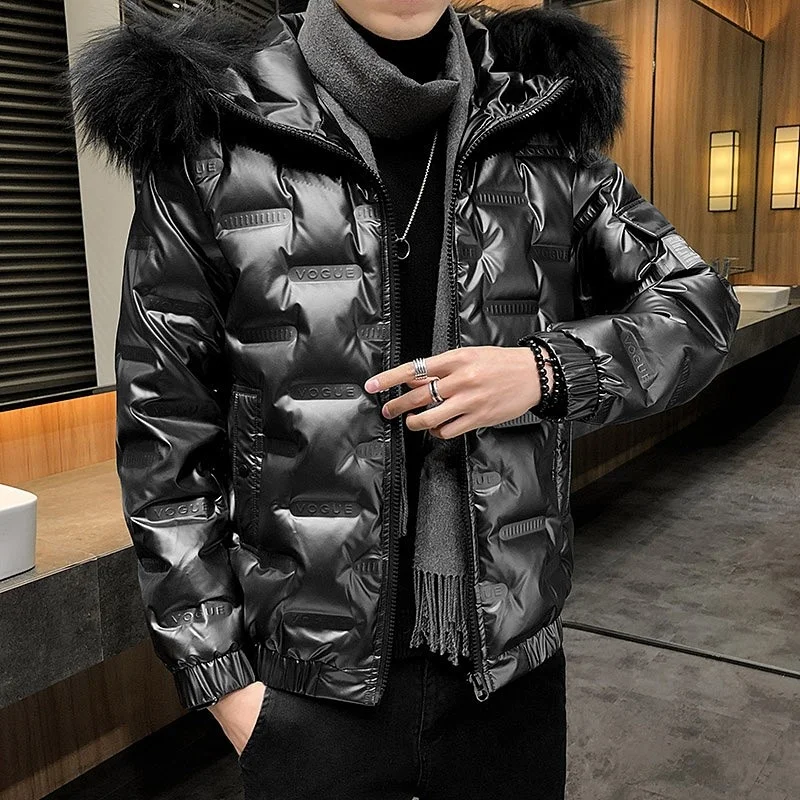 Winter 2022 Thick Warm Down Jacket Mens Hooded Coat Faux Fur Collar Down Parka Fashion Casual Zipper Solid Plaid Short Jacket