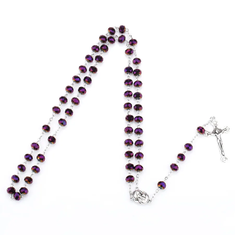 Cross Pendant Necklace Virgin Holy Christ Rosary Necklaces for Women Men Purple Crystal Beaded Catholic Prayer Jewelry Rosaries