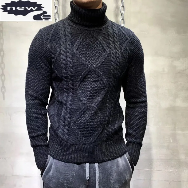 

Autumn New Fashion Mens Turtleneck Sweater Jacquard Weave Knitted Tops Male Long Sleeve Slim Jumper Pullover Sweaters Knitwear
