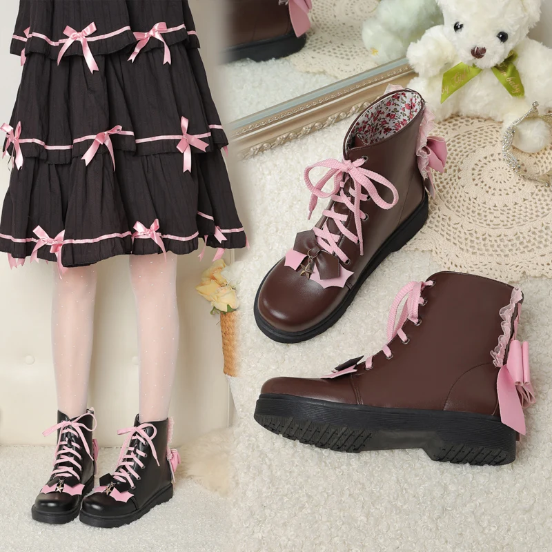 Scarpe da donna stivaletti fiocco Casual nero piattaforme piatte Kawaii Lolita rosa moda stile Harajuku 2021 primavera autunno inverno