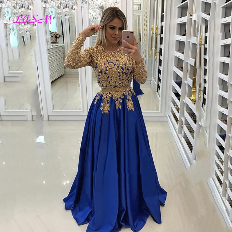 Elegante Vestido de noche de encaje dorado 2021, apliques de manga larga, vestidos de fiesta formales de satén, Vestido de formato Longo