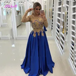 Elegant Gold Lace Evening Dress 2021 Appliques Long Sleeves Prom Dresses Satin Formal Party Gowns Vestido de Formatura Longo