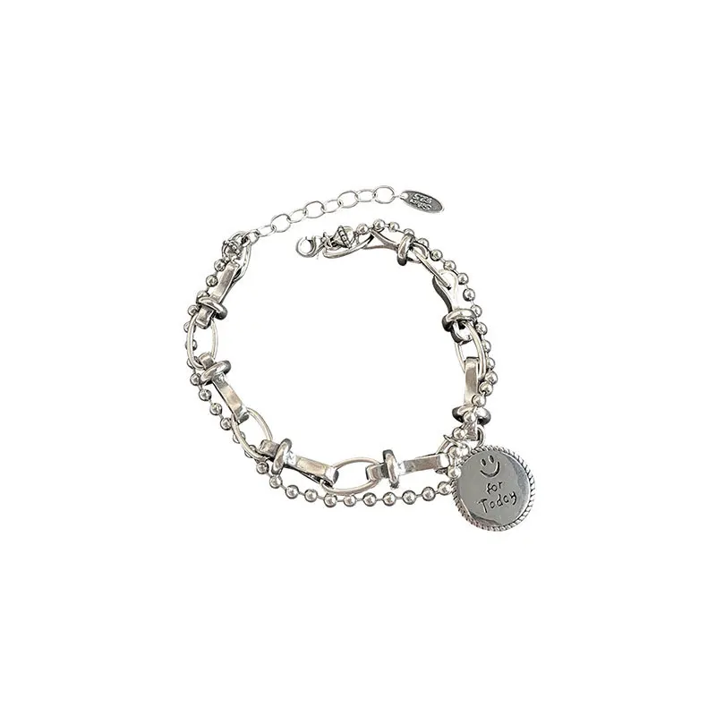 Foxanry Silver Color Bracelet for Women Trend Vintage Hip Hop Creative Double Chain Smile Round Jewelry Gifts Wholesale
