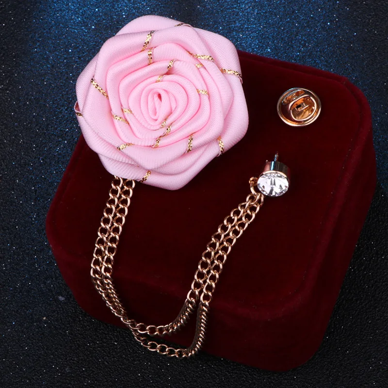Korean Style Handmade Rose Flower Brooch Pin for Men Wedding Groomsmen Tassel Chain Lapel Accessory Cloth Art Suit Badge