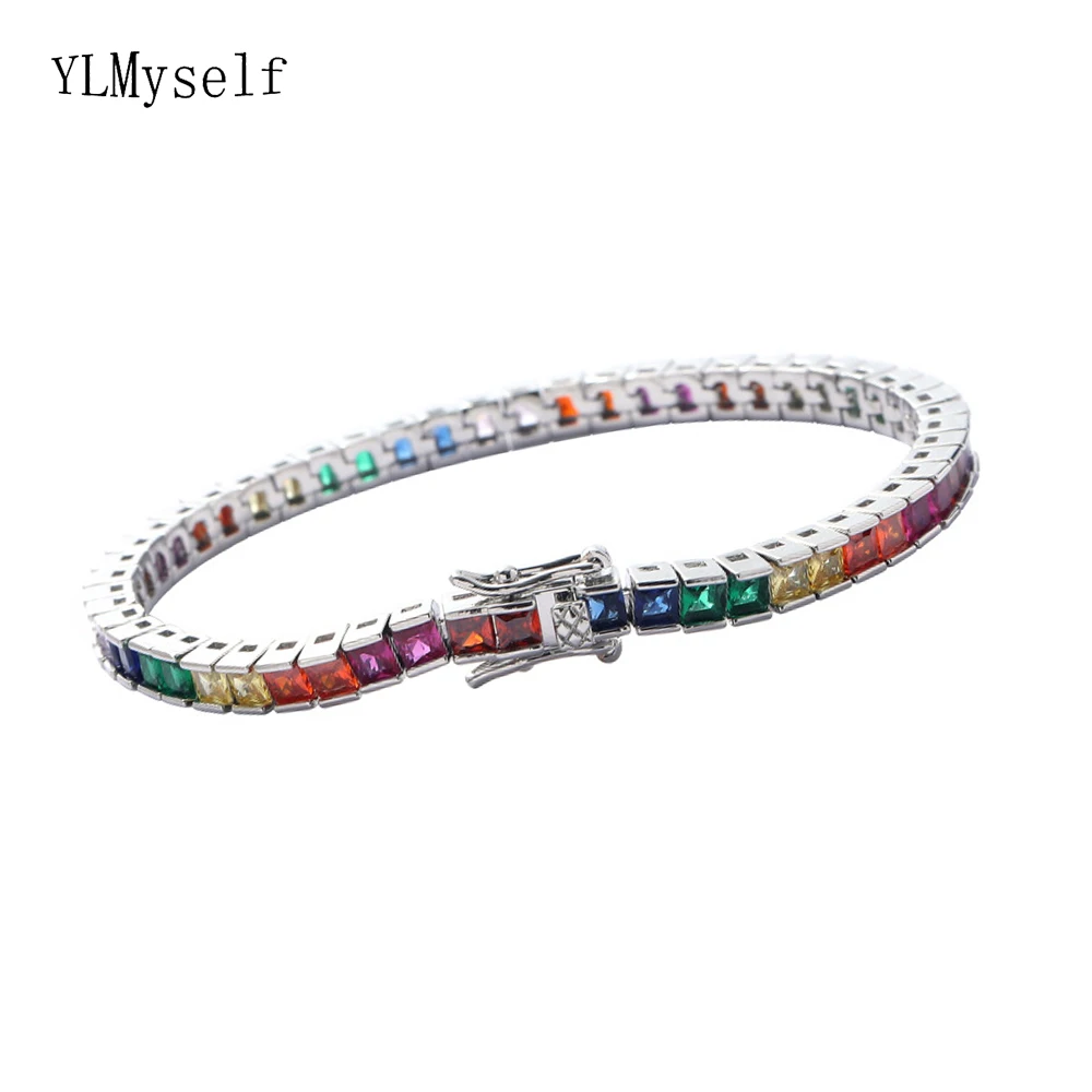 

Brass 7/8 Inch 3*3 mm Rainbow Square Cubic Zircon Tennis Bracelet Hip Hop Rock Unisex Wrist Chain Jewelry Men/Women