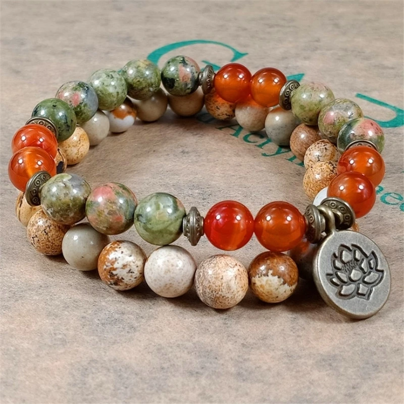 Charm Stein Handgelenk Mala Heilkristall Lotus OM J-asper Armband-Sets für Männer Frauen Medetation Yoga Perle Karneol Armband 2-tlg
