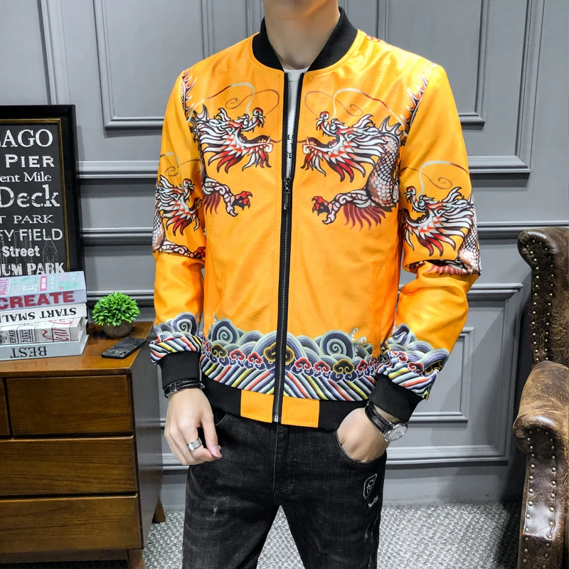 

Floral Autumn Dragon Print Vintage Coat Mens Jackets Streetwear Chinese Style Bomber Jacket Men Clothing
