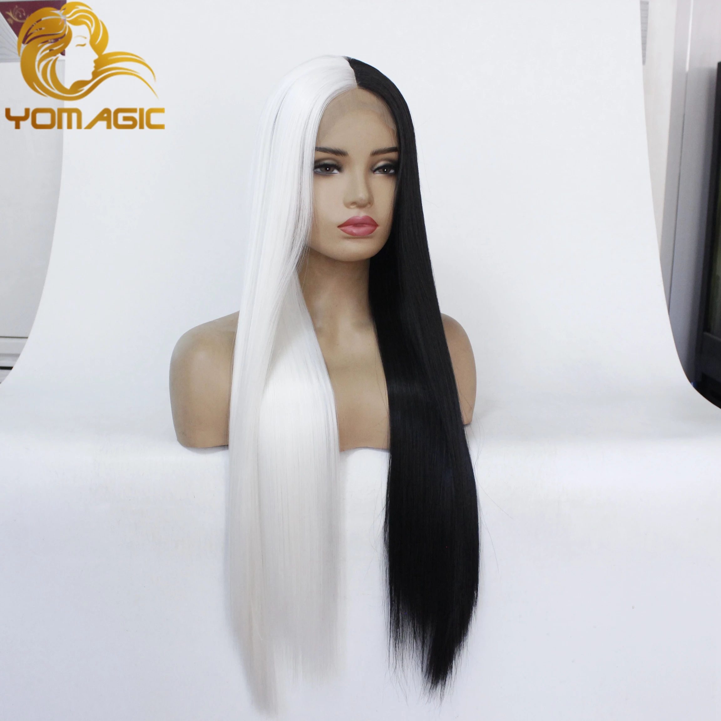 Yomagic Synthetic Hair Lace Front Wigs Natural Hairline The Half Black The Half White Color Synthetic Glueless Lace Wigs