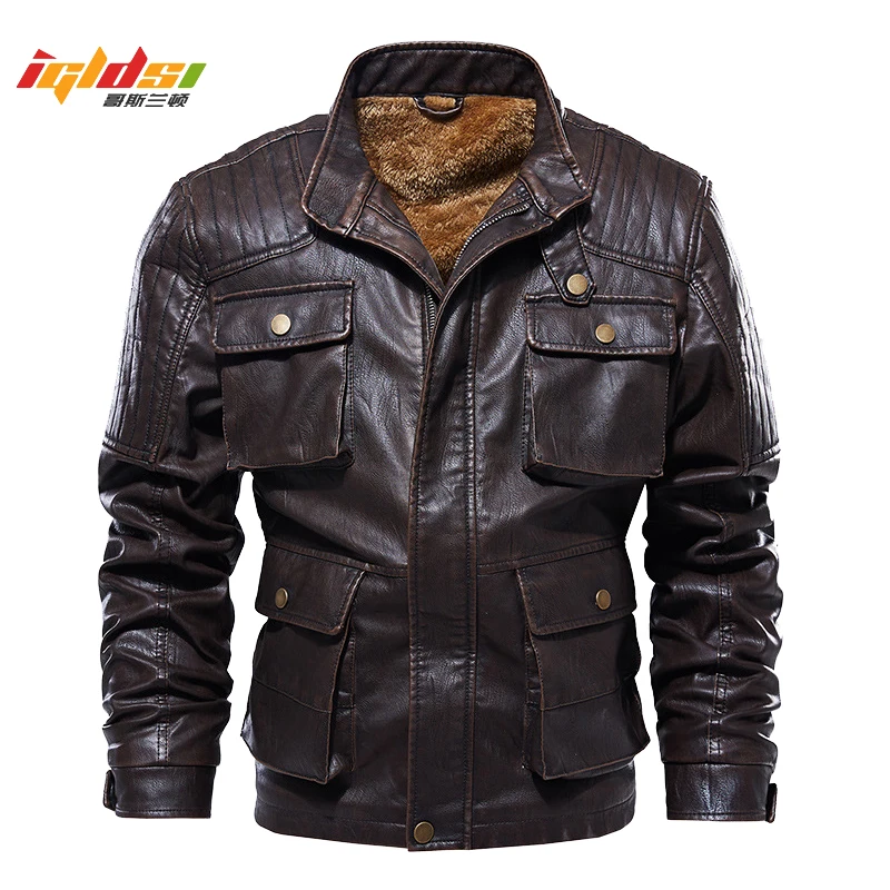 

Men's Winter Fleece Thicken Leather Jacket Men Vintage Motorcycle Leather Jacket Coat Fashion Pigskin Leather Jacket L-5XL