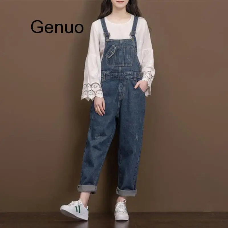 Women Vintage Casual Loose Denim Jumsuits  Ladies  Retro Plus Size Denim Overalls Jeans Rompers Ladies Wide Leg Pants