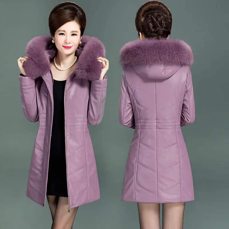 Middle aged Women's Leather Jacket Winter New Thicken Warm Slim Big Fur Collar Mid-length Leather Coat Female Outerwear 6XL