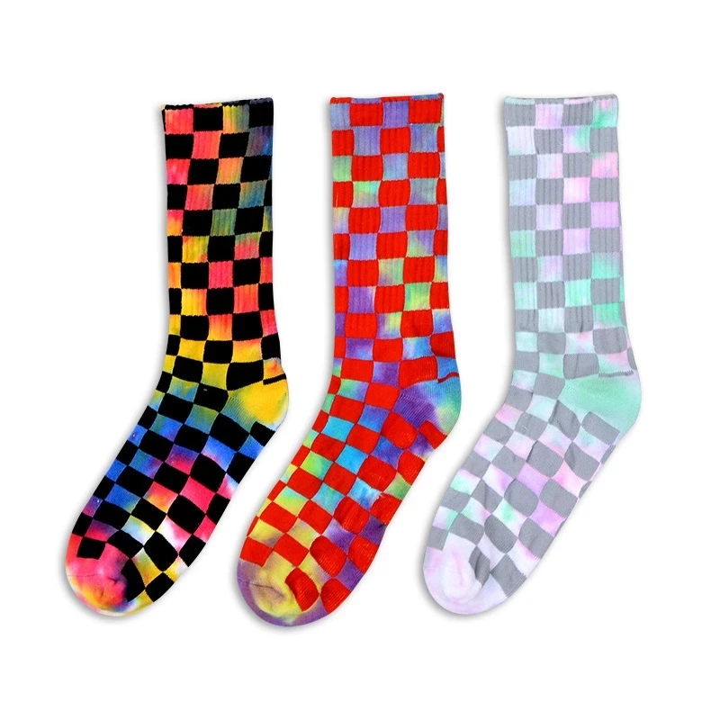 New Fashion Tie Dye Plaid Mens Socks Cotton Colorful Vortex Fluorescence Hip Hop Skateboard Funny Happy Harajuku Happy Sokken