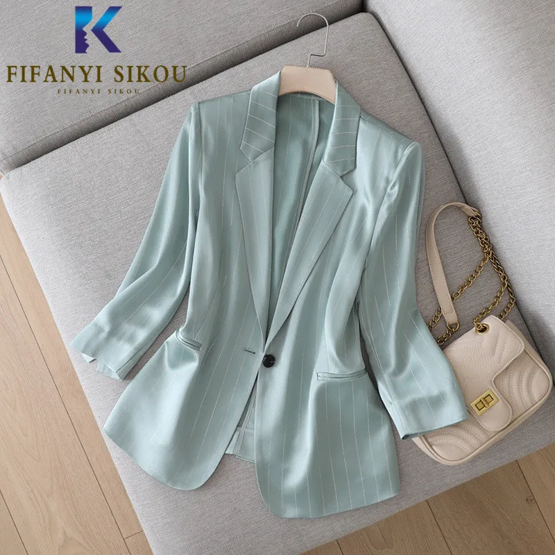 

High quality Satin Blazer Jacket Women Fashion Striped Long Sleeve Suit Jacket Lady Office Casual Elegant Blazers Coat 2020 New