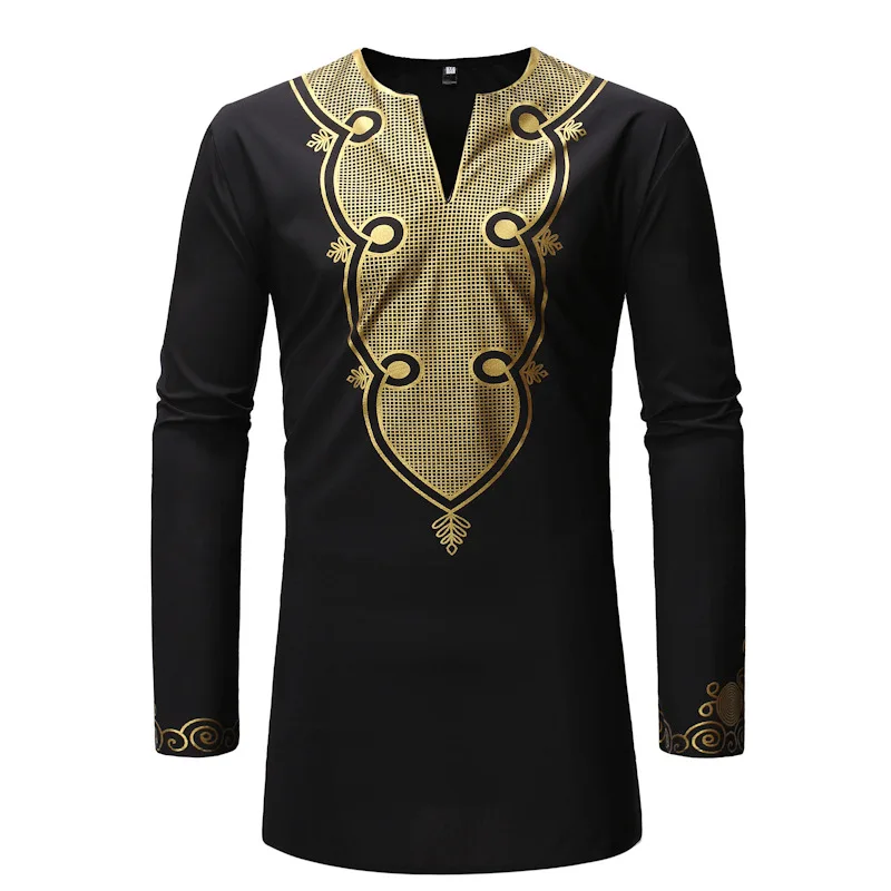 

Mens Luxury Gold Print Dashiki Dress Shirt 2020 Brand Long Sleeve African Bazin Shirt Men African Clothes Tribal Camisas Hombre