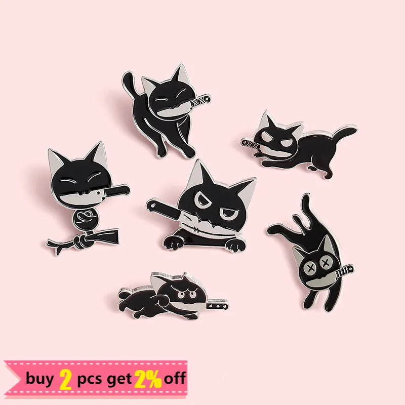 Funny Black Cat Enamel Pins Cartoon Killer Cat Knife Brooches Bag Shirt Coat Lapel Pin Badges Jewelry for Kids Friends Wholesale