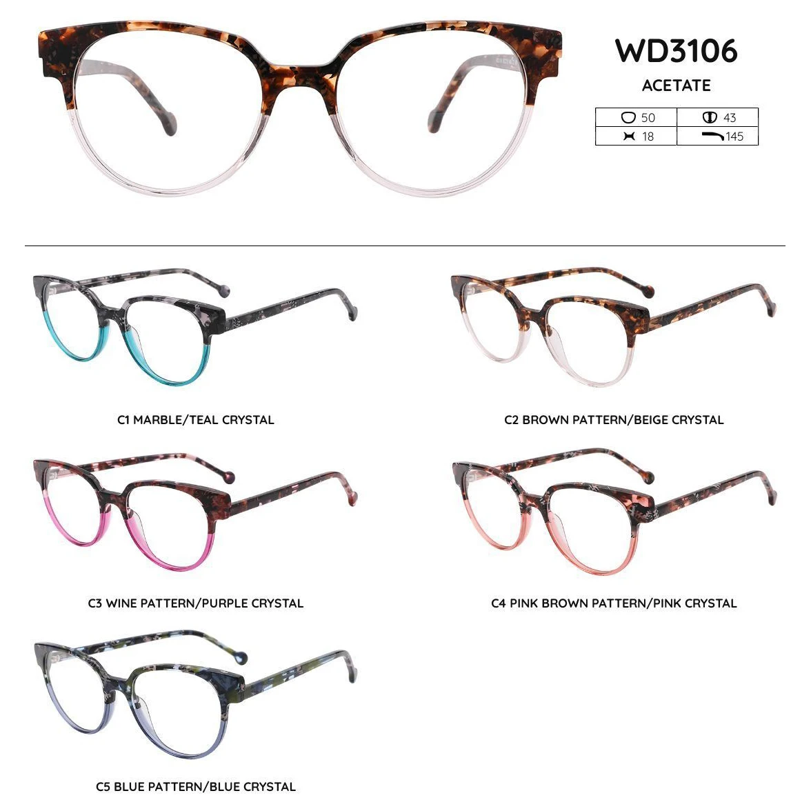 SASAMIA Reading Glasses Frame Oval Fashion Design Color-stitching WD3106 Woman eyeglasses Frame with clear Lens High quality