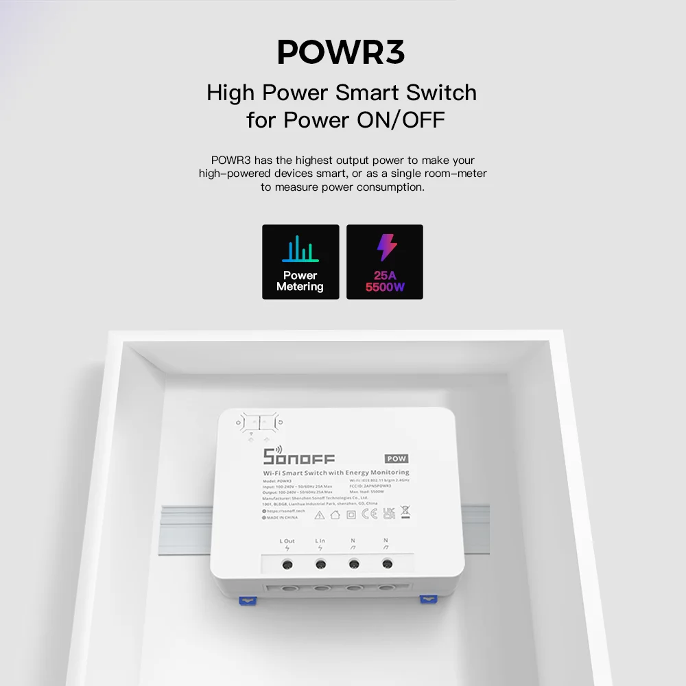 SONOFF POW R3 25A WiFi Smart Switch Power Energy Meter Consumption Voltmeter Overload Protection Works with Google Home Alexa