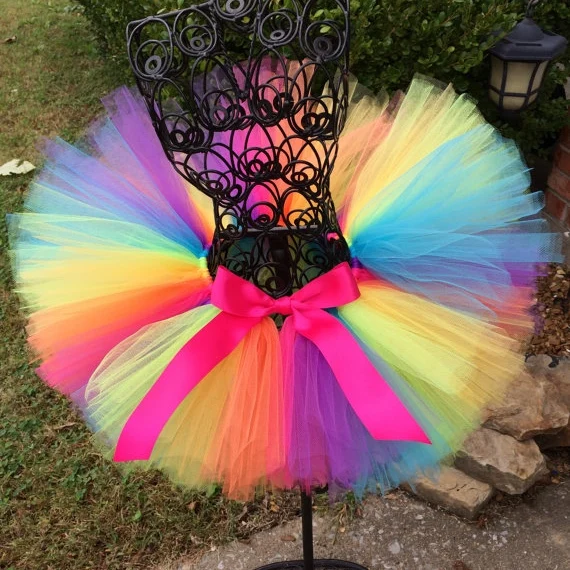 Girls Rainbow Tutu Skirts Kids Ballet Tulle Pettiskirt Underskirts Tutus with Pink Ribbon Bow Children Party Costume Skirts 1-9Y