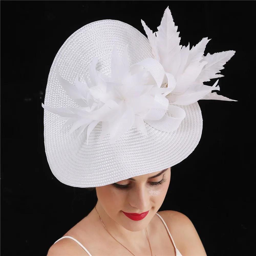 Bride White Chic Fascinator Hat Cocktail Wedding Church Headpiece Kentucky Headwear Feather Flower Women Leaf Decor Fascinator