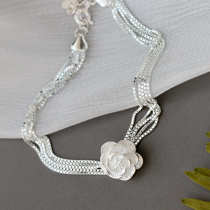 Authentic 925 Sterling Silver Multilayer Bracelet Fine Trendy Flower Lady Hand Chain National Style  Jewelry Gift