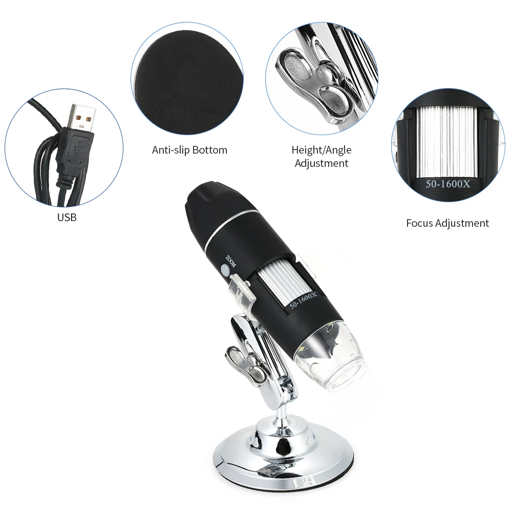 Microscopio Digital con USB, Lupa Electrónica, cámara endoscópica estéreo de 0,3 MP y 8 LED, 1600X, 1000X