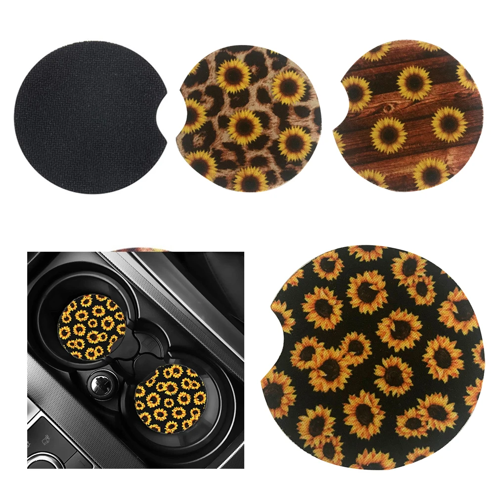 2Pcs Universal Sunflower Print Auto Car Cup Coasters Drinkings Holder Mats Pads Car Accessories Interior