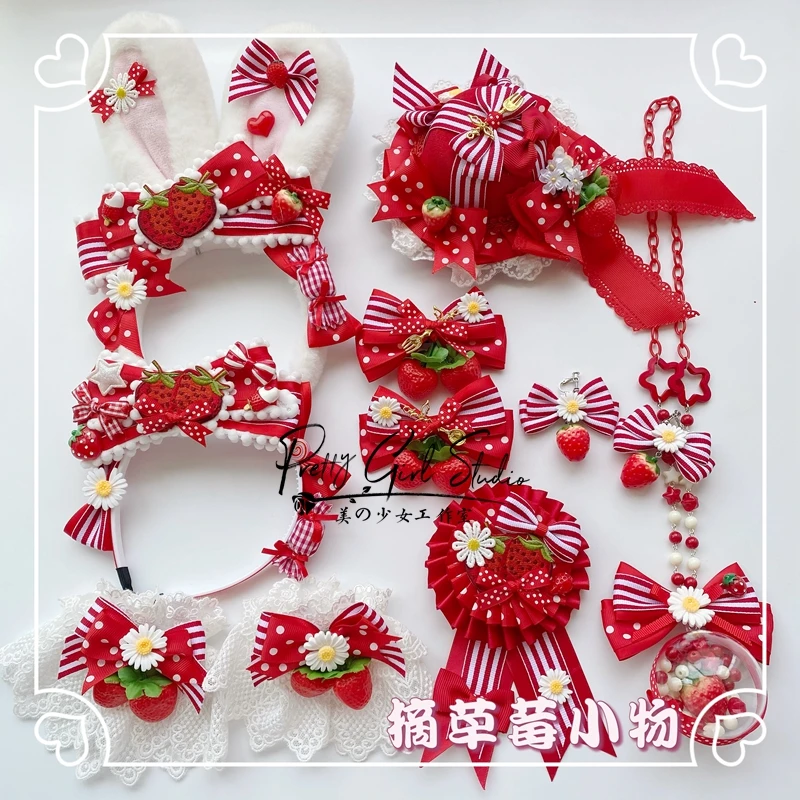 Strawberry Original Handmade Sweet Strawberry KC Hairwear Side Clip Badge Oversleeves Top Hat Rabbit Ear KC Necklace