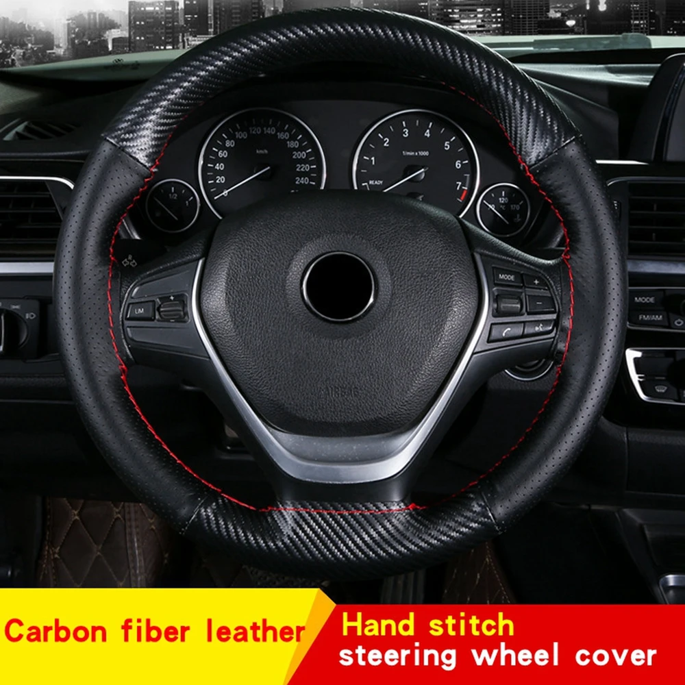 Super Fiber Leather + Carbon Fiber Leather Hand-Stitched Steering Wheel Cover With Needle And Thread Interior Accessories