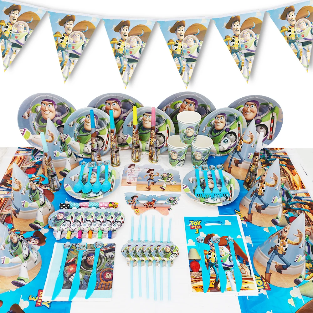 Toy Story Party Supplies Kids Birthday Disposable Tableware Cup Spoon Plates Napkin Candy Box Buzz Lightyear Mask Favors Boy Set