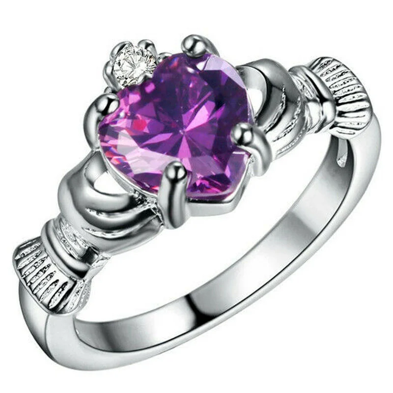 Women Silver Color Zircon Crown Wedding Engagement Claddagh Ring Size 6-10