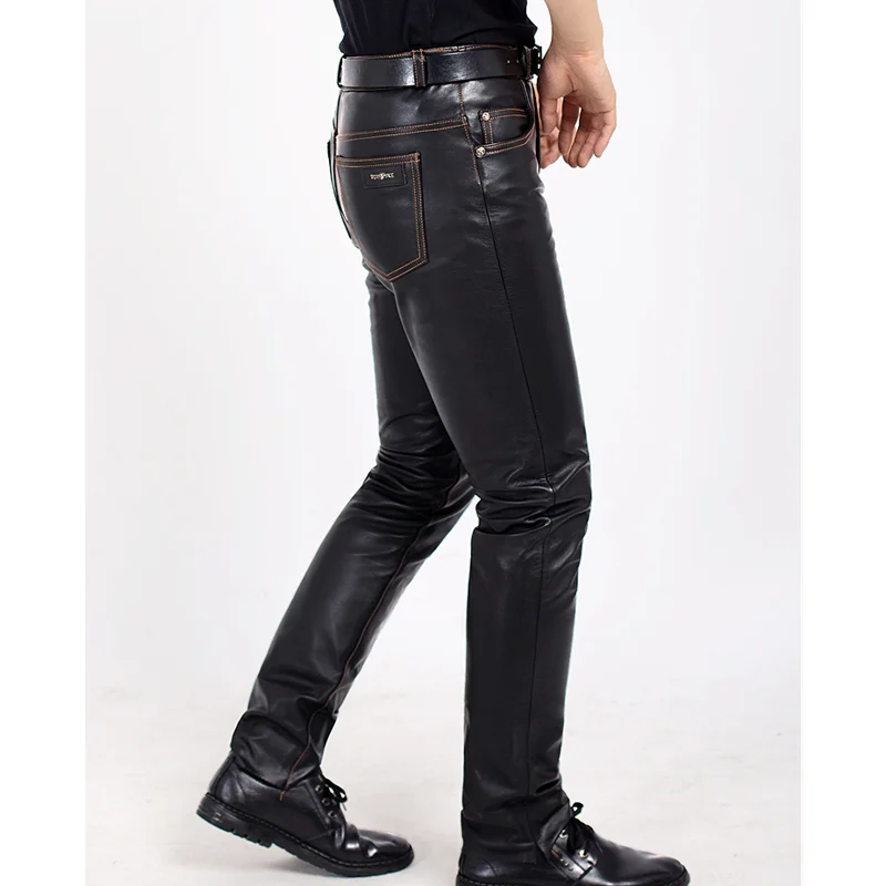 Men Leather Pants, Genuine Leather, Slim Elongated First Layer Cowskin Pants, Straight Pants, Man Pants