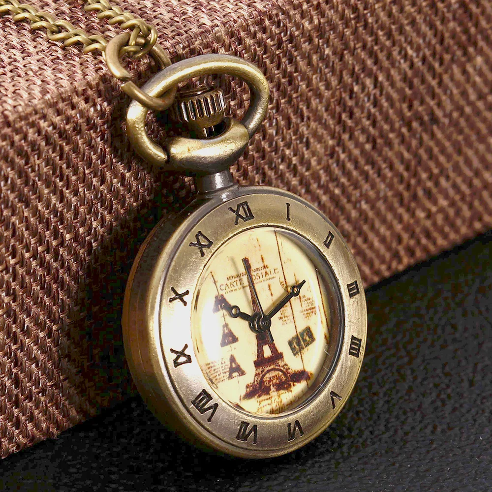 6100Copper transparent creative retro yellow Paris Tower large pocket watch  retro yellow  transparent Paris