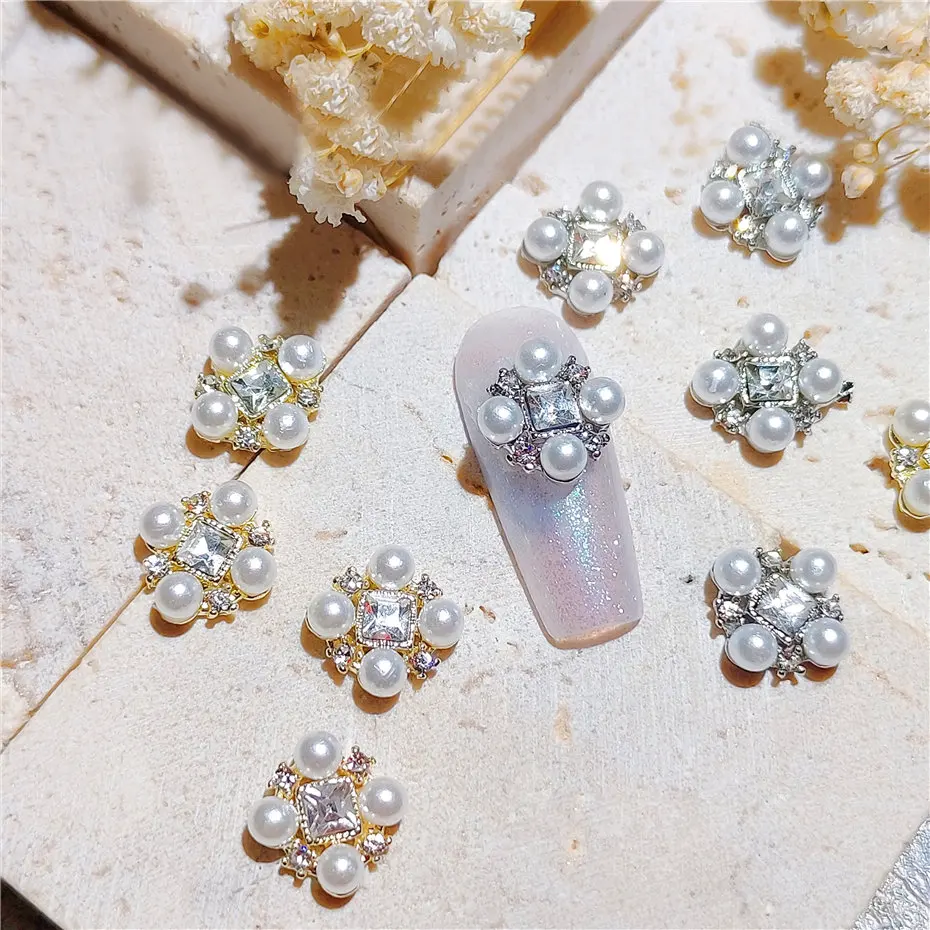 10pcs/lot 3D Gold Luxury Square Alloy Nail Art Zircon Pearl Crystal Metal Manicure Nails Accesorios Supplies Decorations Charms