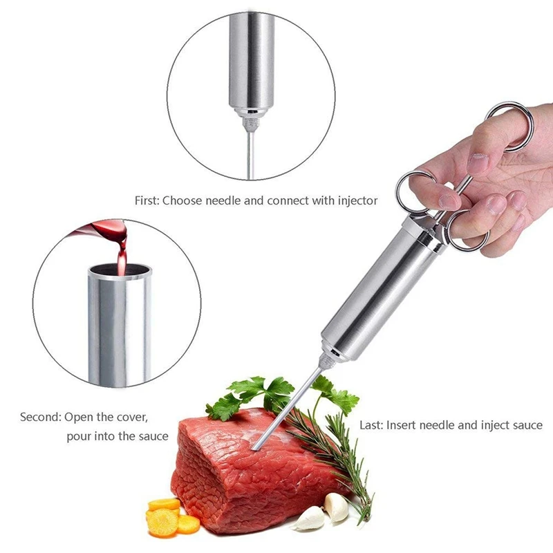 Meat Injector Syringe, 2-oz Marinade Flavor Injector 304 Stainless Steel with 3 Professional Needles,2 Cleaning Brushes