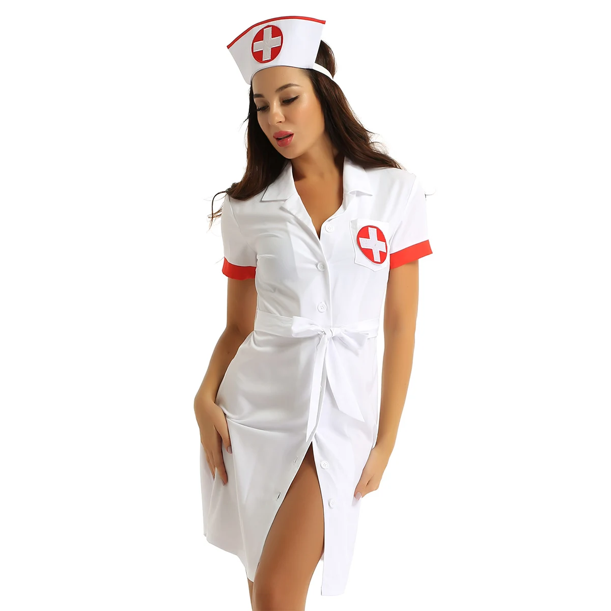 Uniforme d'infirmière médicale pour femmes adultes, costume de cosplay, robe de jeu de rôle sexy, tenue avec ceinture et chapeau, tentation, 3 pièces