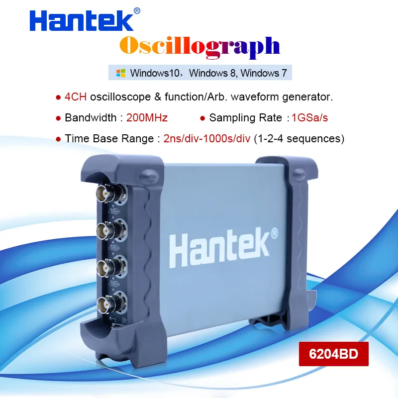 Hantek 6204BD 4CH USB PC oscilloscopi 200MHz oscillografo USB PC con generatore di segnale 25MHz
