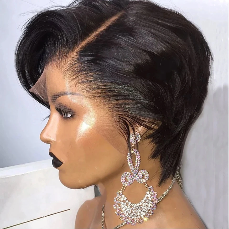 Short Pixie Cut Wig Human Hair Wigs Straight Lace Front Wig Short Bob Wigs 13x1 Side Part  For Black Women Transparent Lace Wig