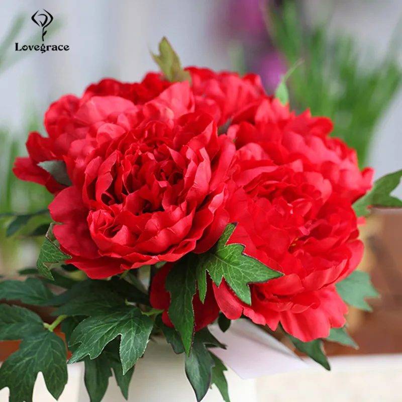 5 Heads Artificial Silk Peony Bouquets Fake Peony Big Flowers Bunch for Wedding Table Party Office Hotel and Home Decor Flowers