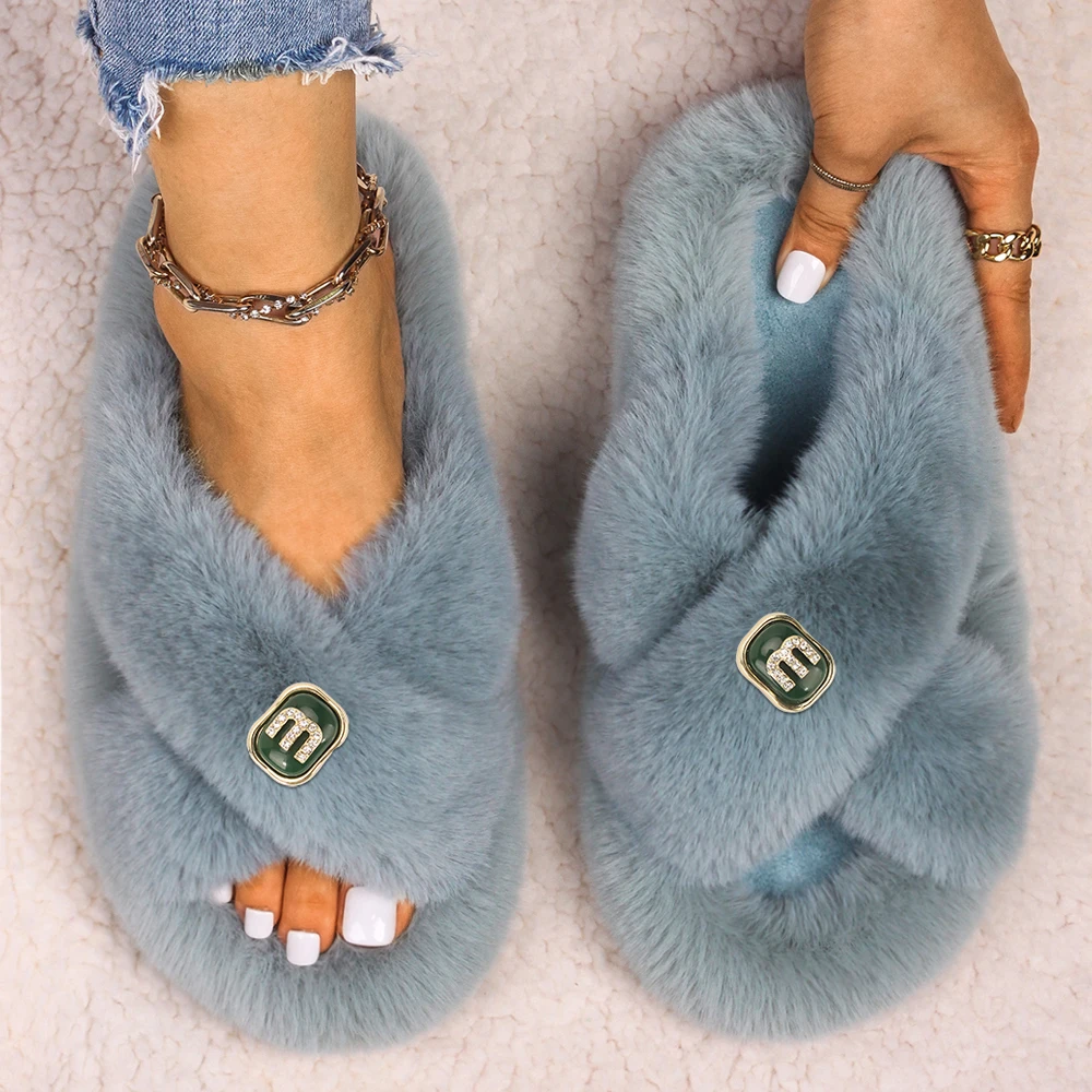 Women Sandals Fluffy Slippers Luxury Designer Letter Decor Furry Slides Flip Flops Faux Fur Slippers Female Brand Retro Shoes