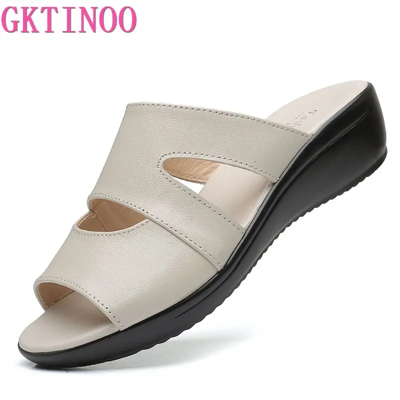 GKTINOO Women Slippers Shoes Genuine Leather Casual Slides Women Summer Shoes Retro Solid Mother Shoes Wedges Flip Flops Size 43